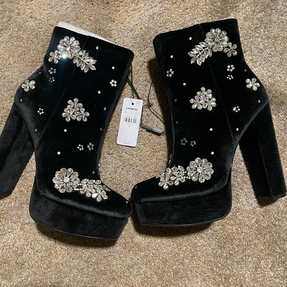 EXPRESS - Rhinestone Embellished Platform Heeled Ankle Boots - Picture 4 of 4
